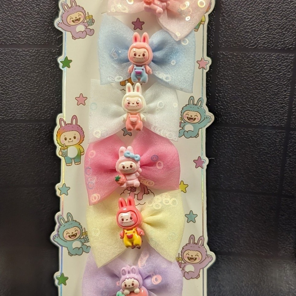 Kids Bunny Bow Hair Clips Set - Pastel Pink, Blue, Yellow, Purple, Cream